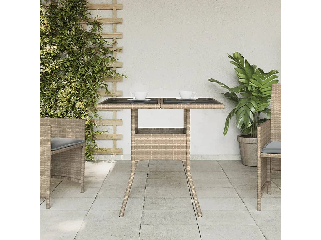 Leila Hope  Tuintafel met glazen blad 80x80x75 cm poly rattan beige