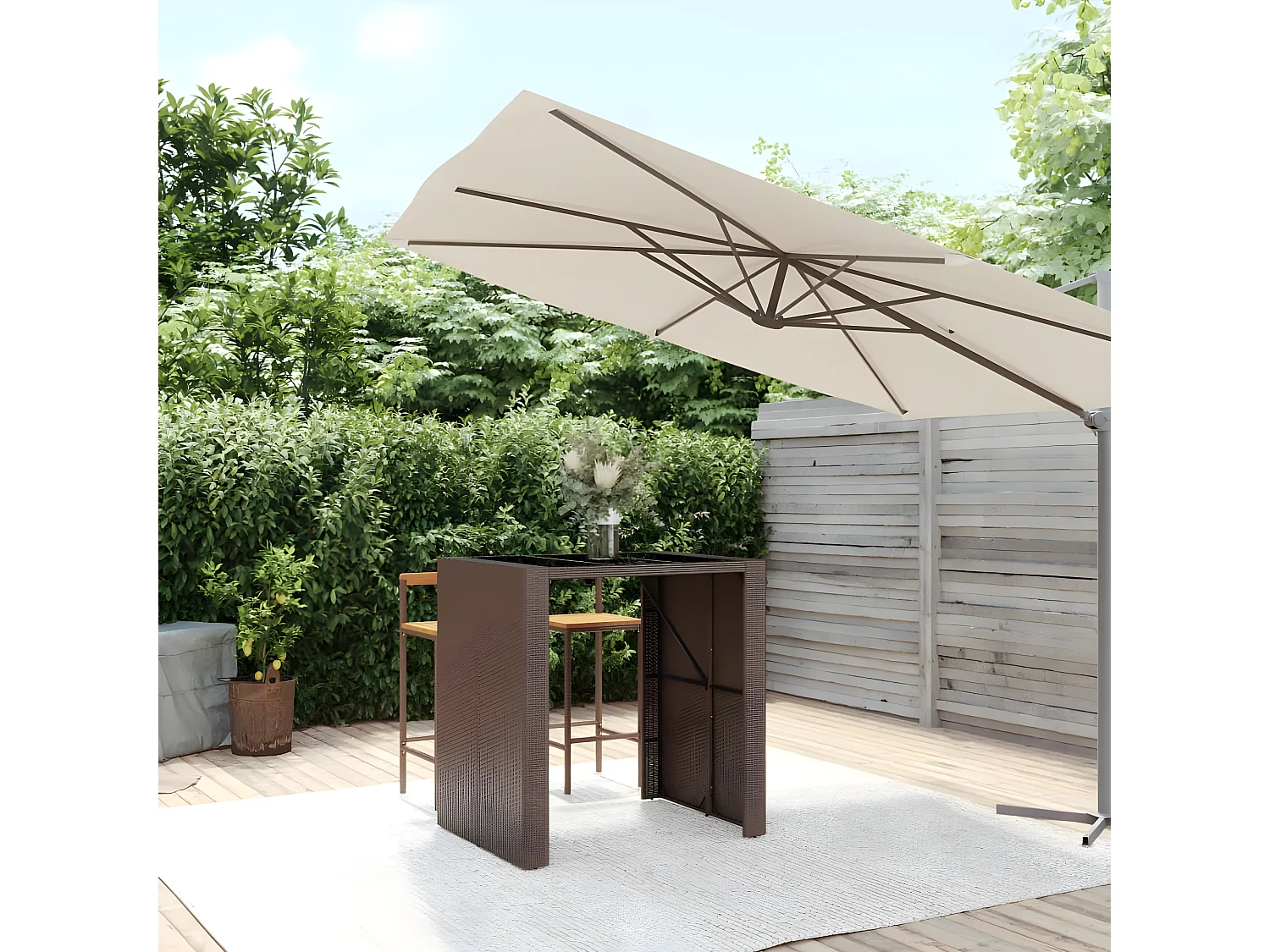 Lou  Table de bar et dessus en verre marron 105x80x110 cm poly rotin