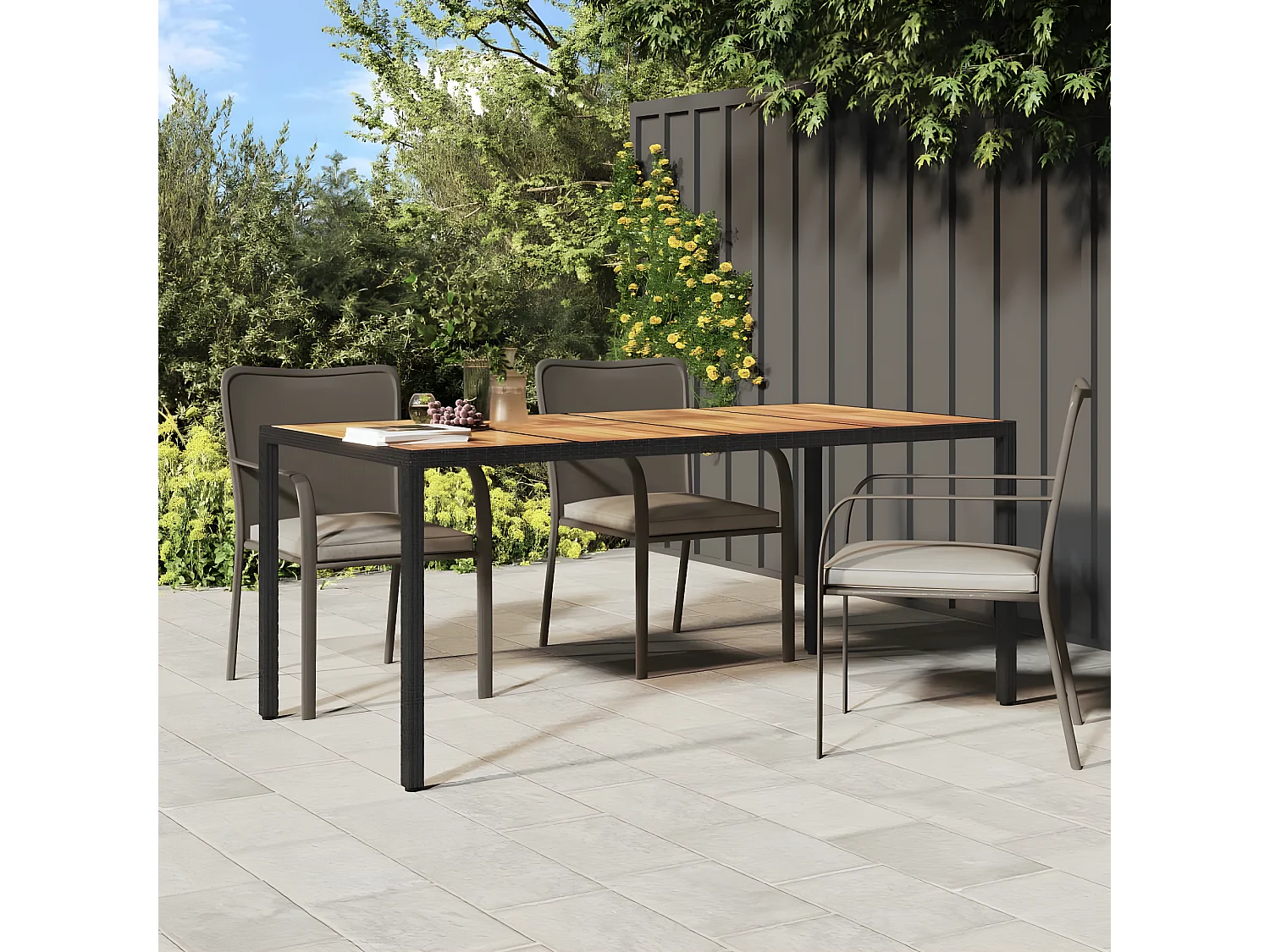 Fryssa  Gartentisch 190x90x75 cm Poly Rattan und Akazienholz Schwarz
