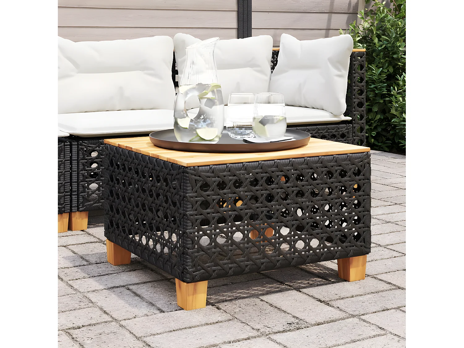 Cirlon  Table de jardin noir 55x55x36 cm résine tressée et bois acacia
