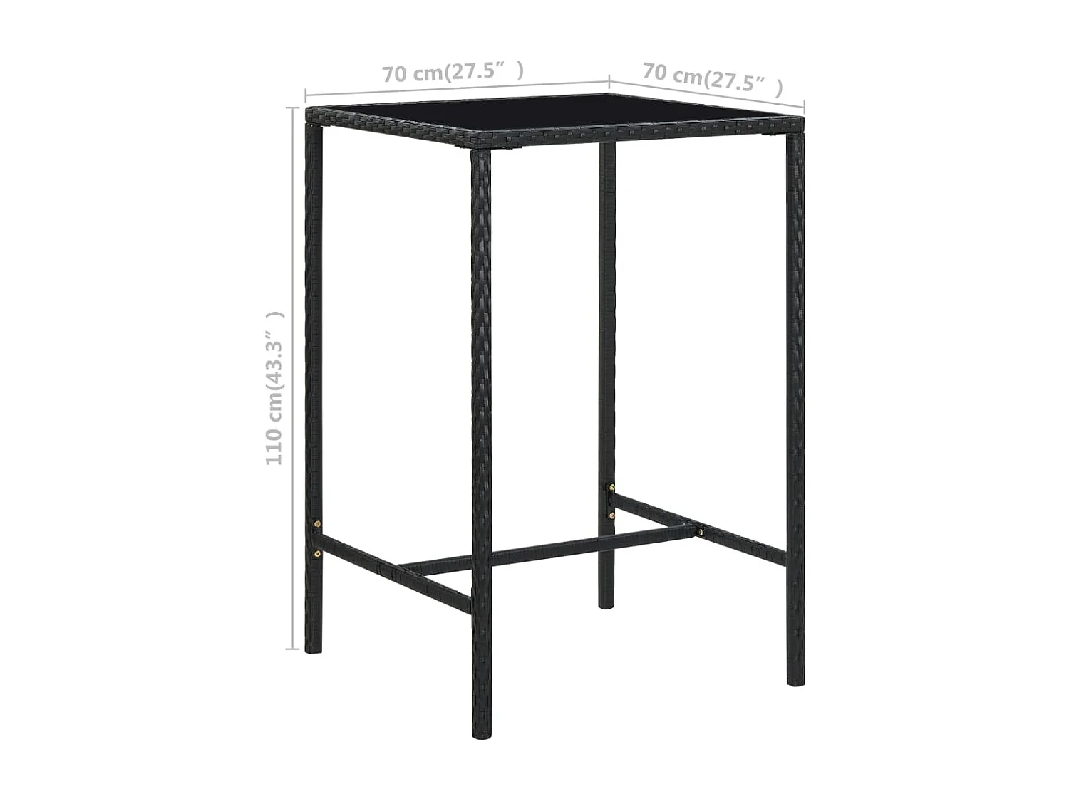 Orren  Table de bar de jardin Noir 70x70x110cm Résine tressée et verre