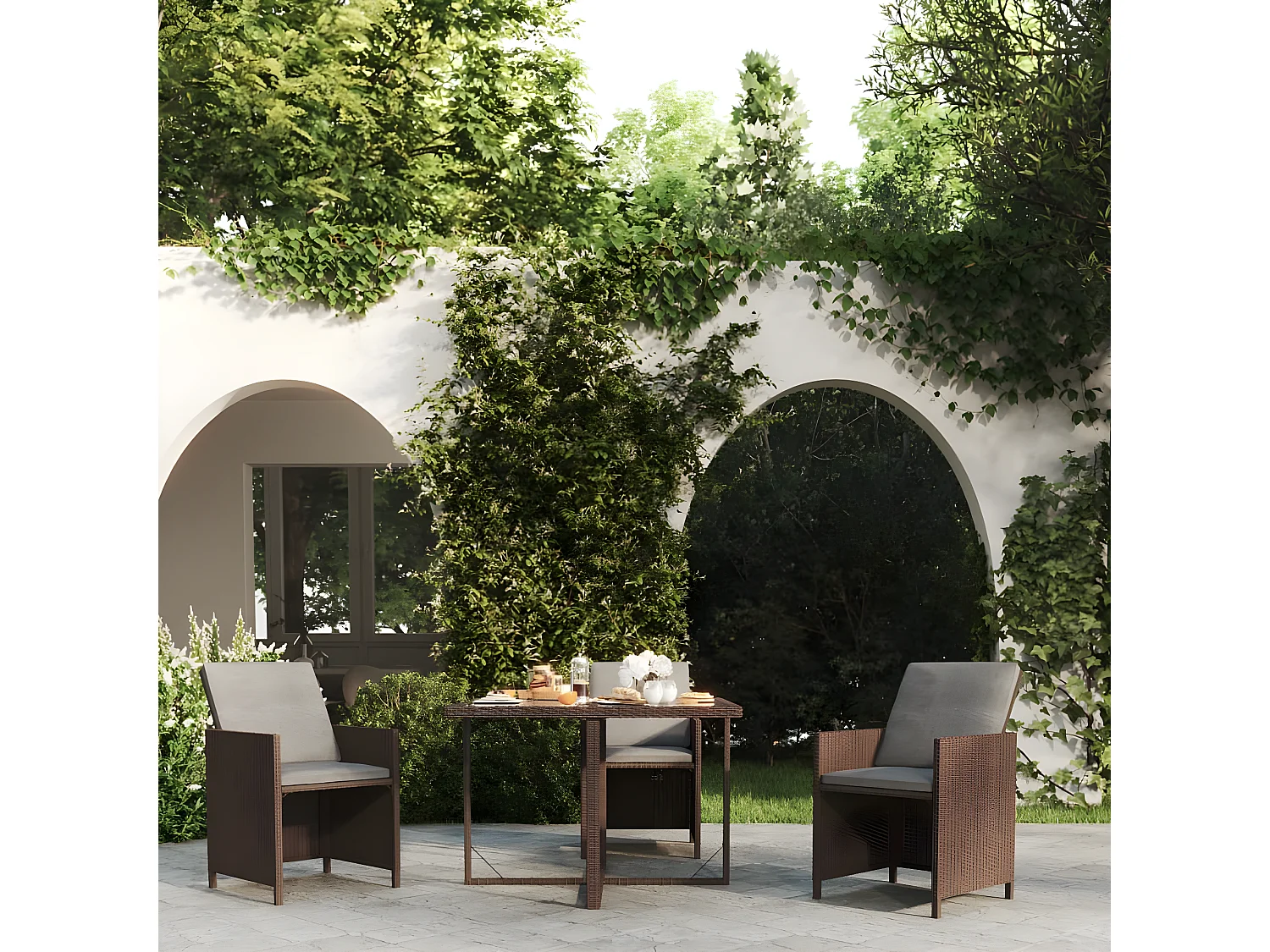 Cihangir  Mesa de jardín ratán sintético y vidrio marrón 109x107x74 cm