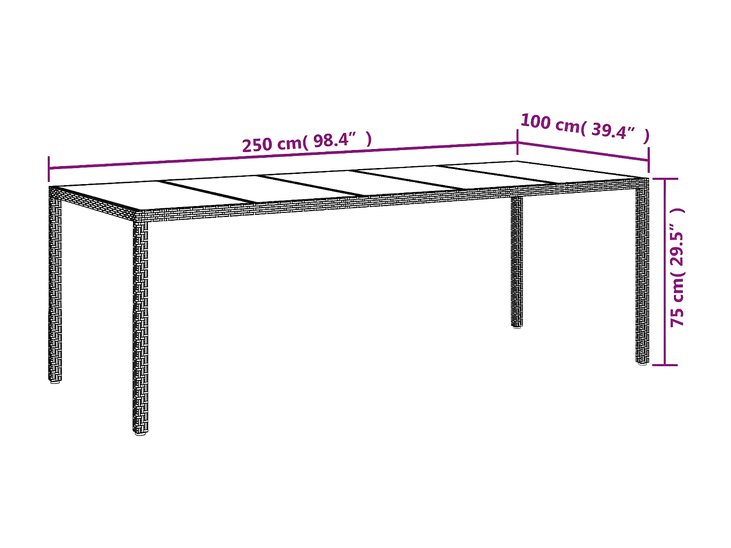 Roos  Tuintafel 250x100x75 cm poly rattan en gehard glas wit