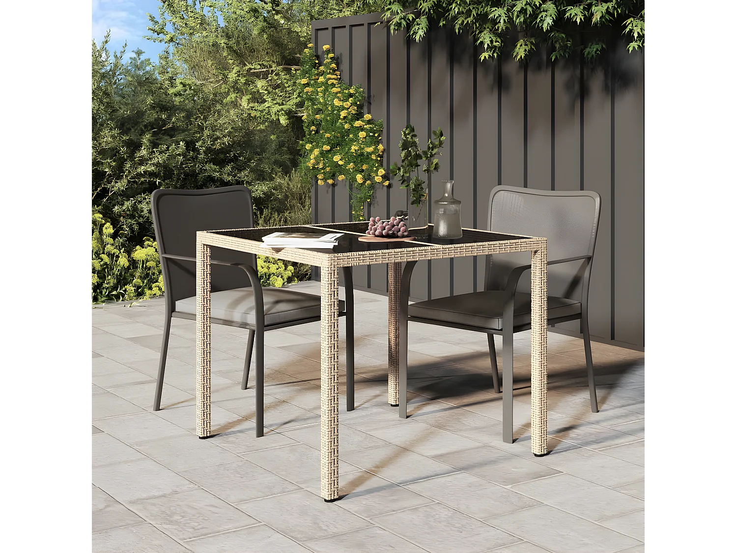 Harko  Tuintafel 90x90x75 cm gehard glas en poly rattan beige