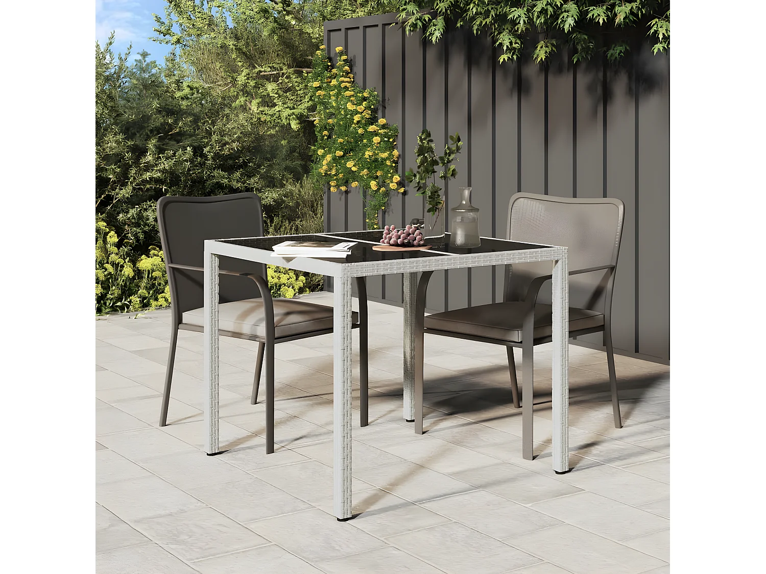 Harko  Table de jardin 90x90x75cm Verre trempé et résine tressée Blanc