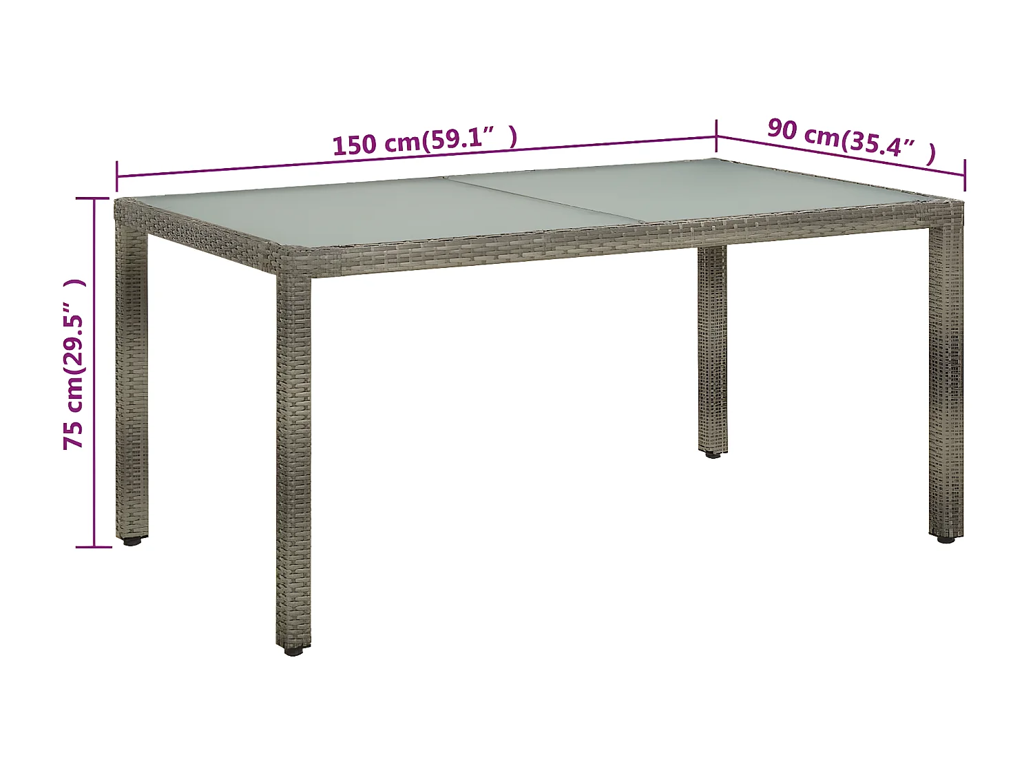 Harko  Table de jardin 150x90x75 cm Verre trempé et poly rotin Gris