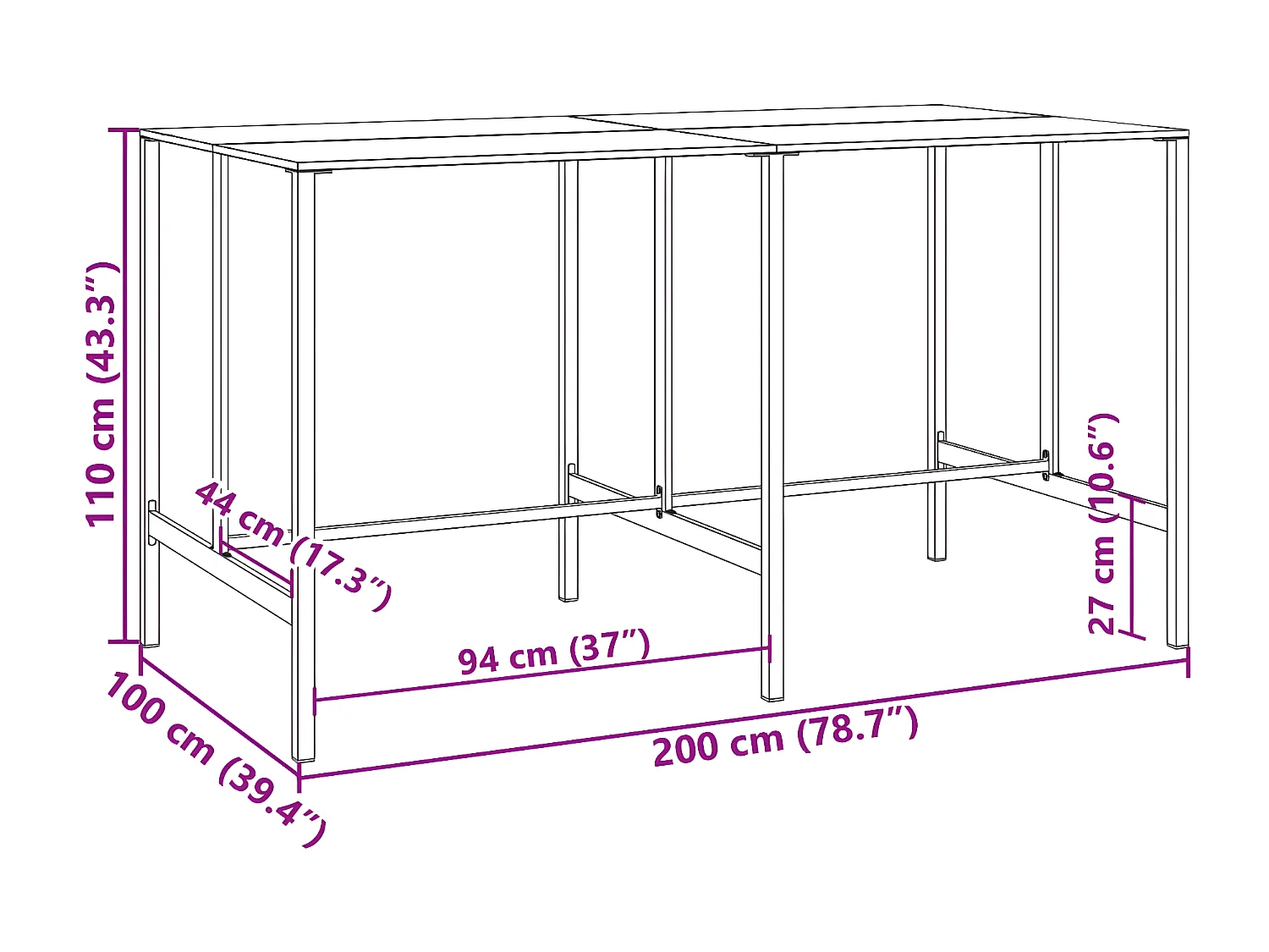 Chrysto  Bartisch Schwarz 200x100x110 cm Pulverbescchteter Stahl