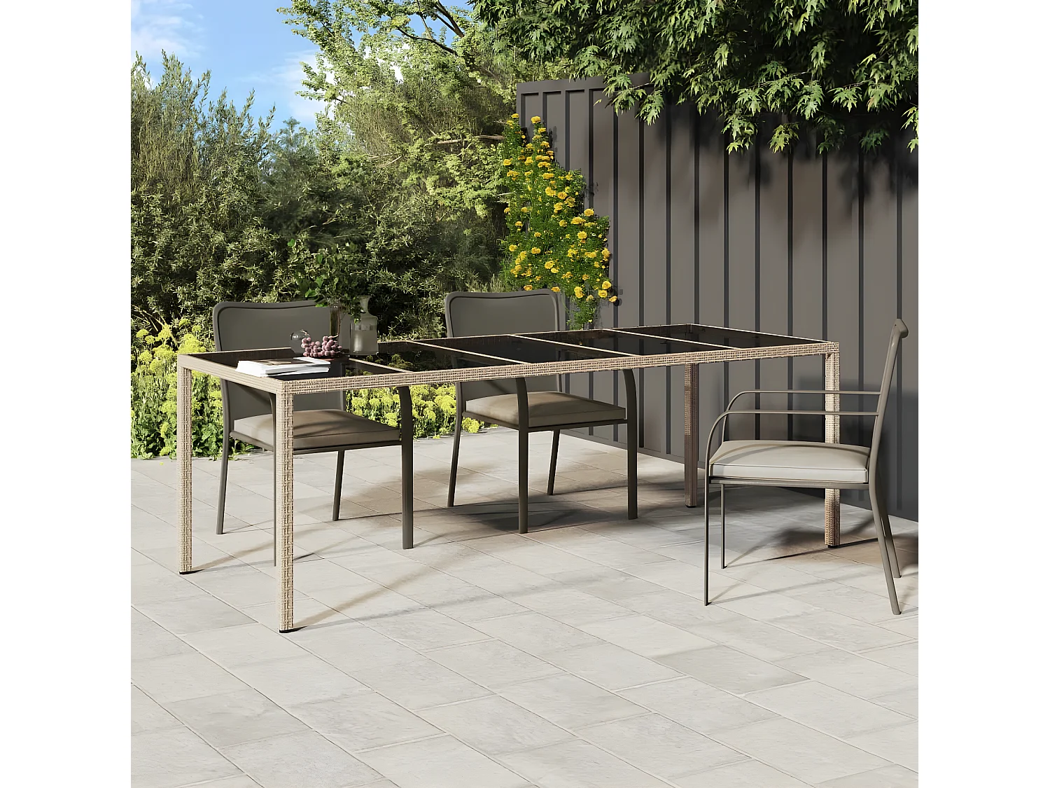 Roos  Tuintafel 250x100x75 cm gehard glas en poly rattan beige