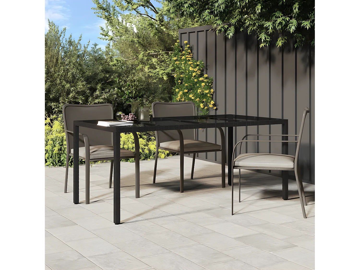 Orson  Table de jardin Noir 190x90x75 cm Verre trempé/résine tressée