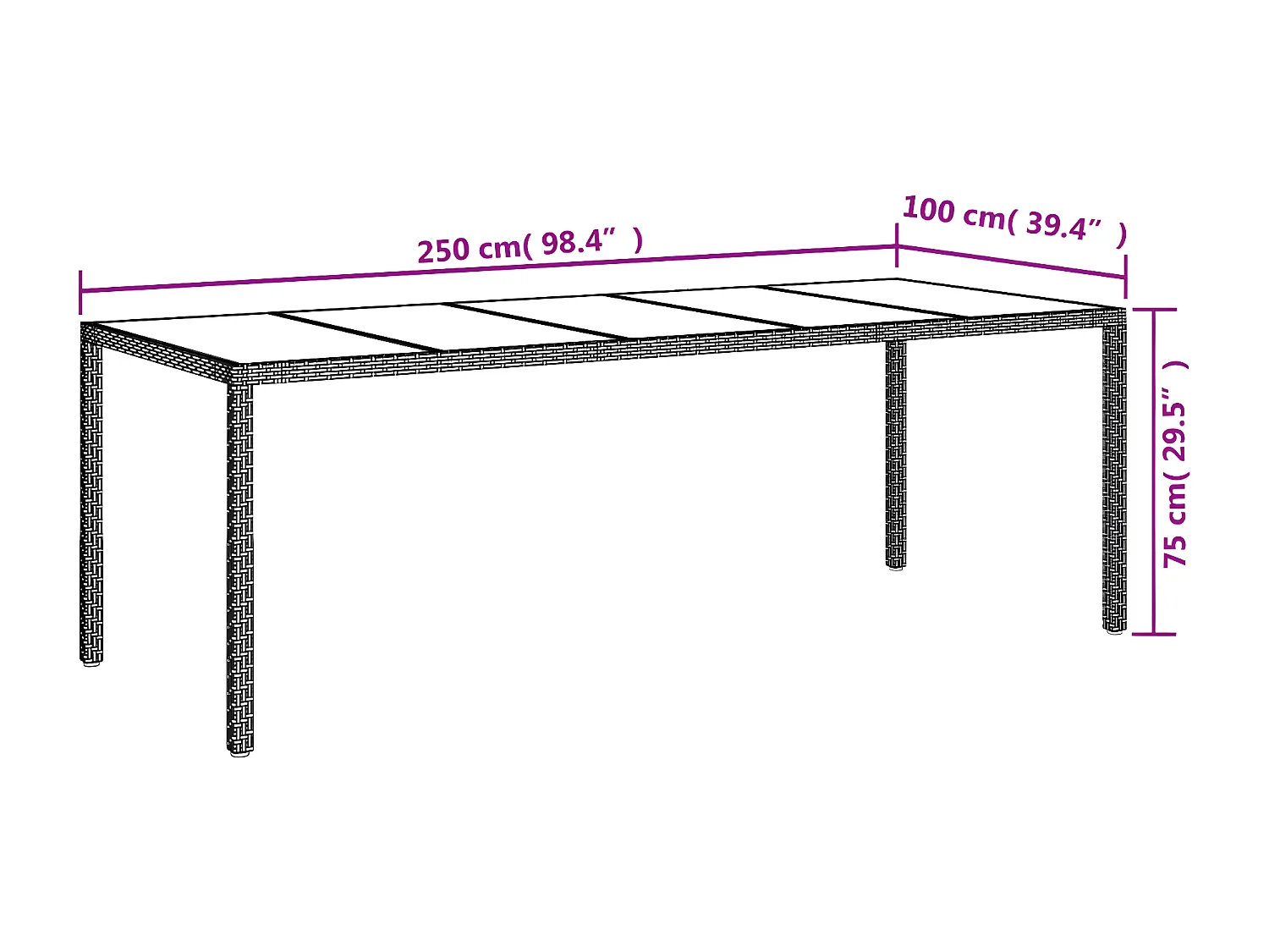 Roos  Tuintafel 250x100x75 cm gehard glas en poly rattan grijs