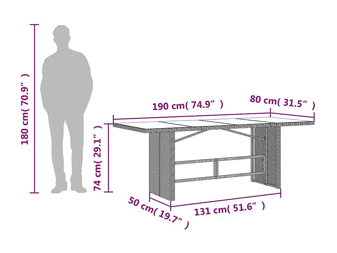 Cavan Lower  Table de jardin dessus en verre gris 190x80x74cm résine tressée