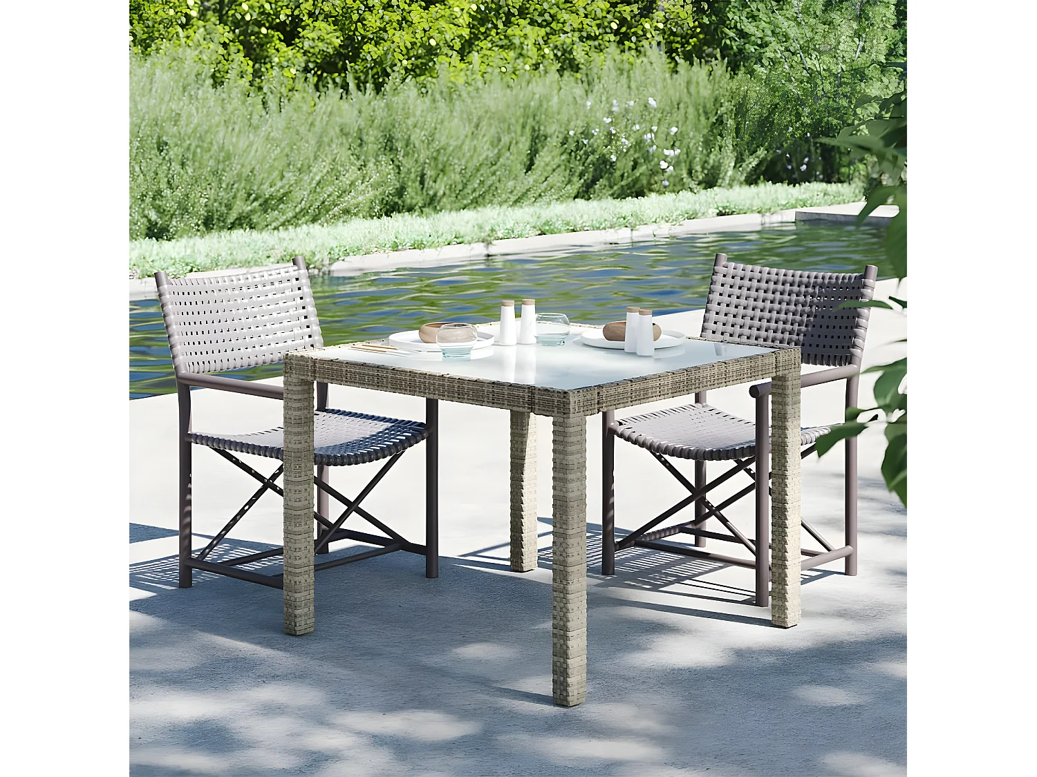 Harko  Table de jardin 90x90x75 cm Verre trempé et résine tressée Gris