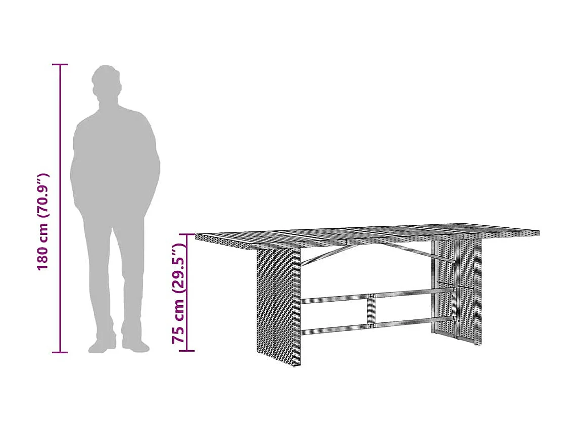 Ozgur  Mesa de jardín superficie de vidrio ratán PE gris 190x80x75 cm