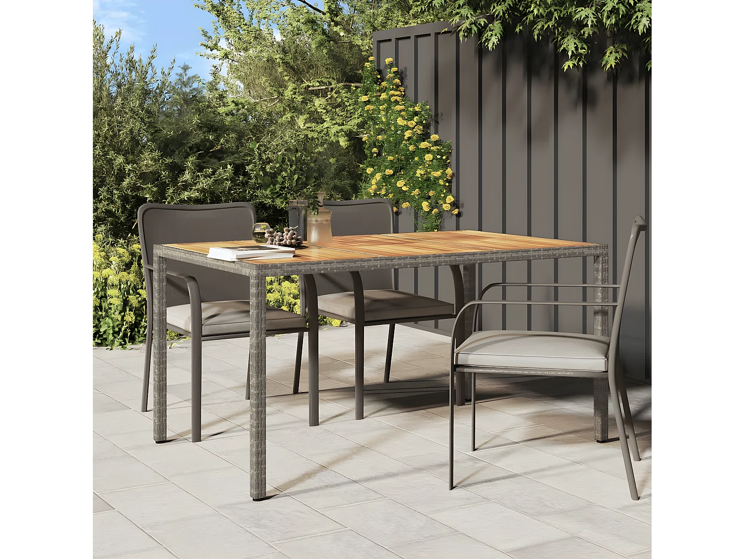Fryssa  Table de jardin 150x90x75 cm Résine tressée bois d'acacia Gris