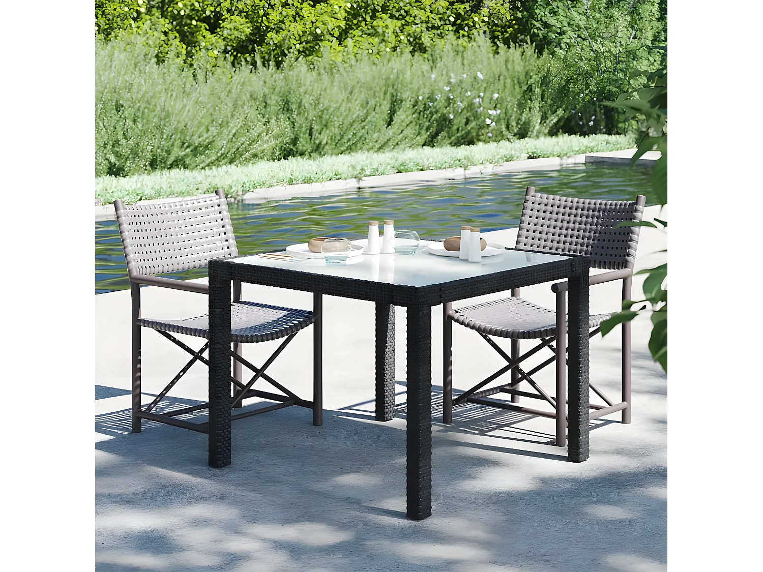 Harko  Table de jardin 90x90x75 cm Verre trempé et résine tressée Noir