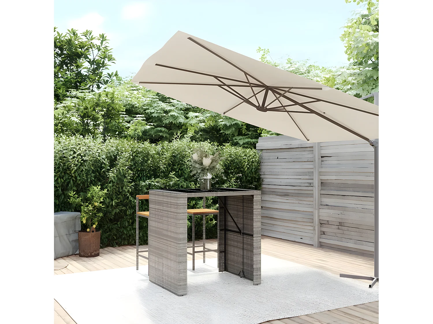 Lou  Table de bar et dessus en verre gris 105x80x110 cm poly rotin