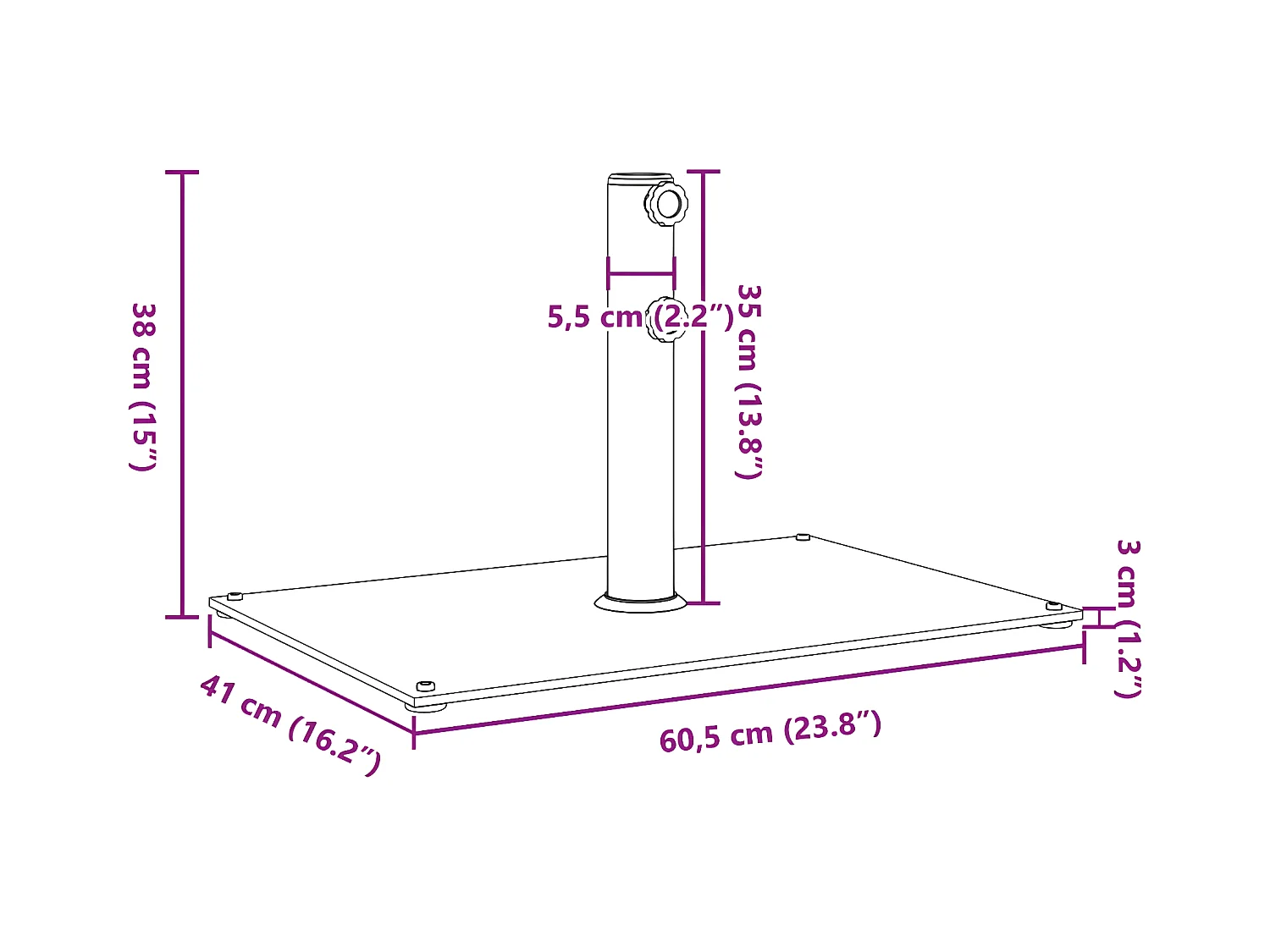 Tjalrin  Base de parasol pour mâts Ø32/38/48 mm 15 kg rectangulaire