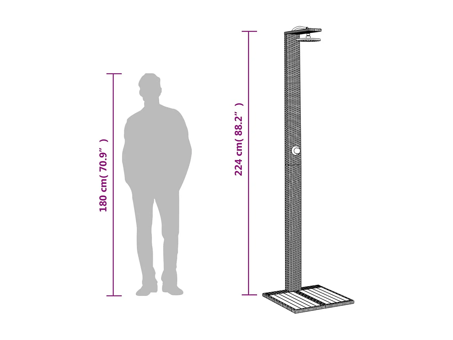 Tolentino  Douche d'extérieur noir 50x55x224 cm résine tressée bois acacia