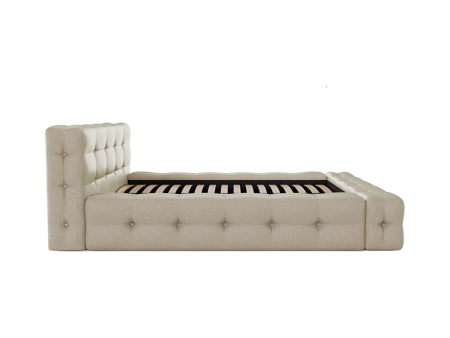 Lit capitonné 140 x 190 cm - Tissu chiné - Beige + Sommier + Matelas - LERUCO de Pascal Morabito