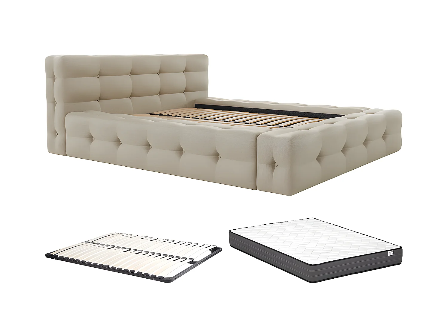 Lit capitonné 140 x 190 cm - Tissu chiné - Beige + Sommier + Matelas - LERUCO de Pascal Morabito