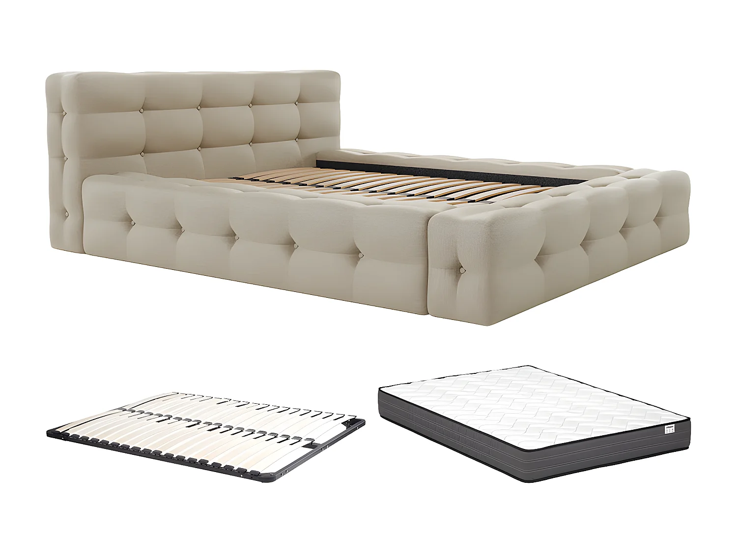 Bed met capitonnage 140 x 190 cm - Gechineerde stof - Beige + bedbodem + matras - LERUCO van Pascal Morabito
