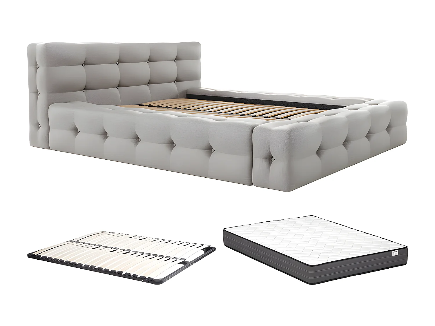 Lit capitonné 140 x 190 cm - Tissu chiné - Gris clair + Sommier + Matelas - LERUCO de Pascal Morabito