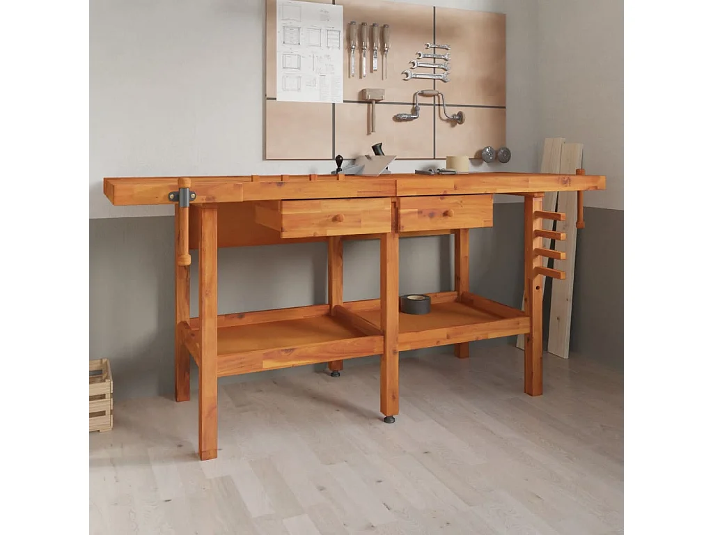 Prolenta Premium -  Banco Lavoro Cassetti e Morse 192x62x83cm Legno Massello Acacia