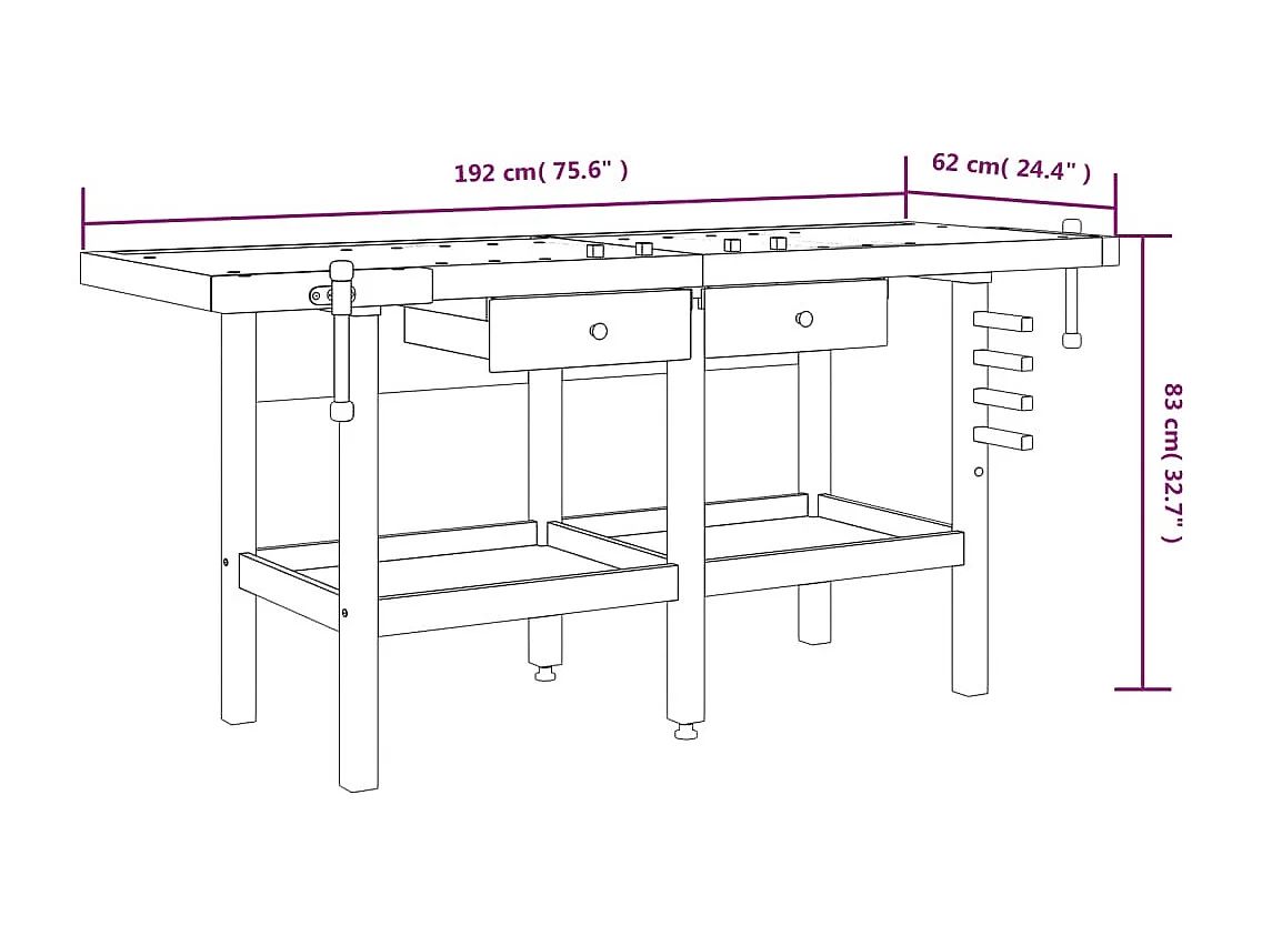 Prolenta Premium -  Banco Lavoro Cassetti e Morse 192x62x83cm Legno Massello Acacia
