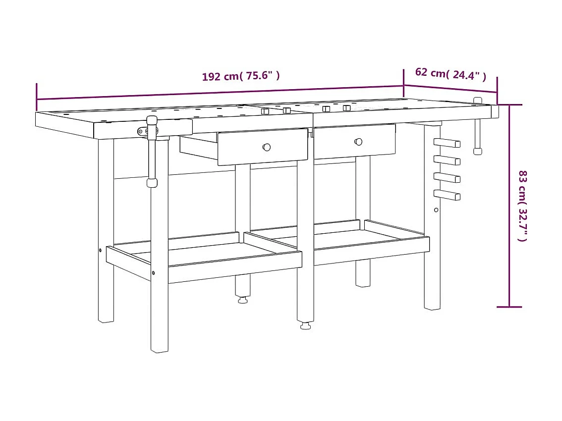Prolenta Premium -  Banco Lavoro Cassetti e Morse 192x62x83cm Legno Massello Acacia
