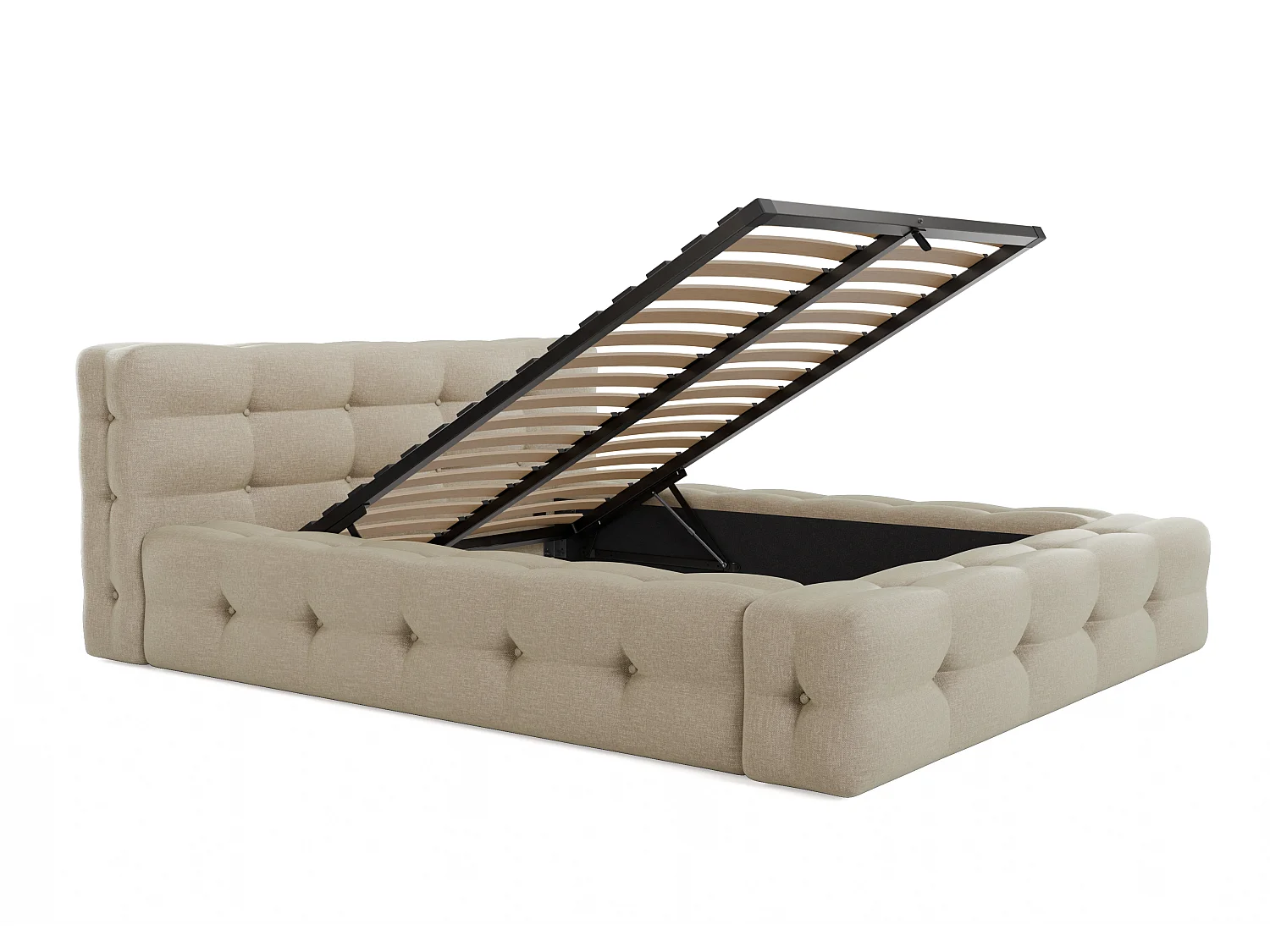 Lit coffre capitonné 140 x 190 cm - Tissu chiné - Beige + Matelas - LERUCO de Pascal Morabito