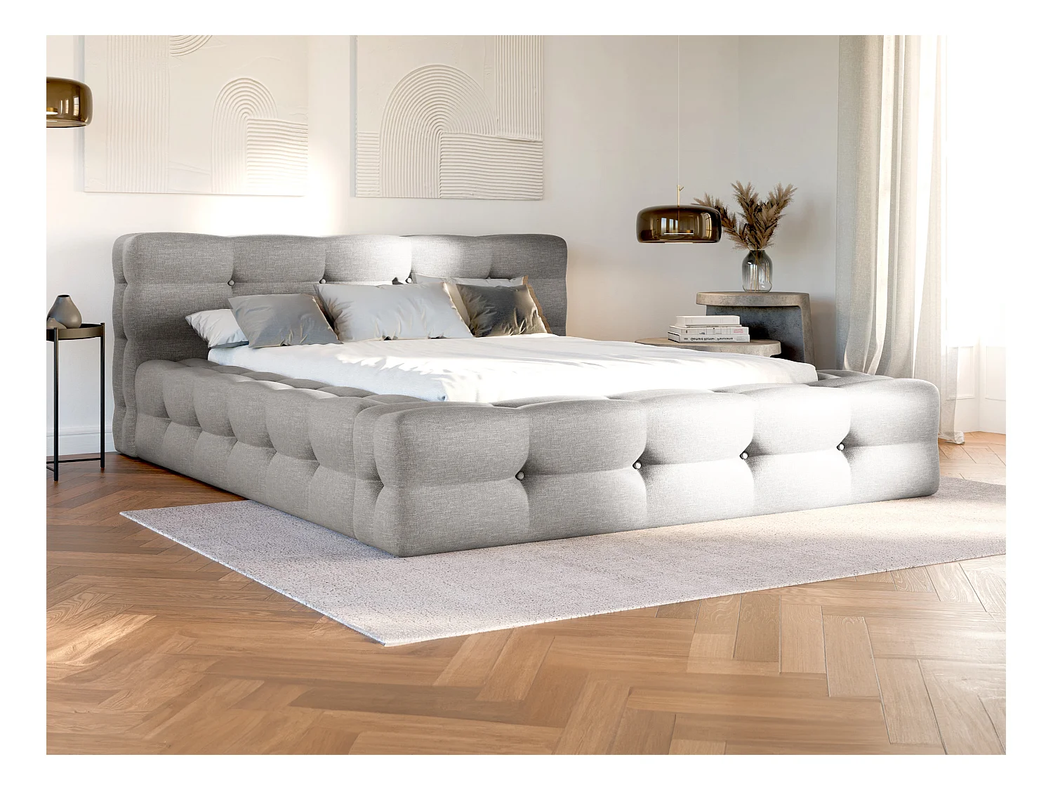 Lit coffre capitonné 140 x 190 cm - Tissu chiné - Gris clair + Matelas - LERUCO de Pascal Morabito
