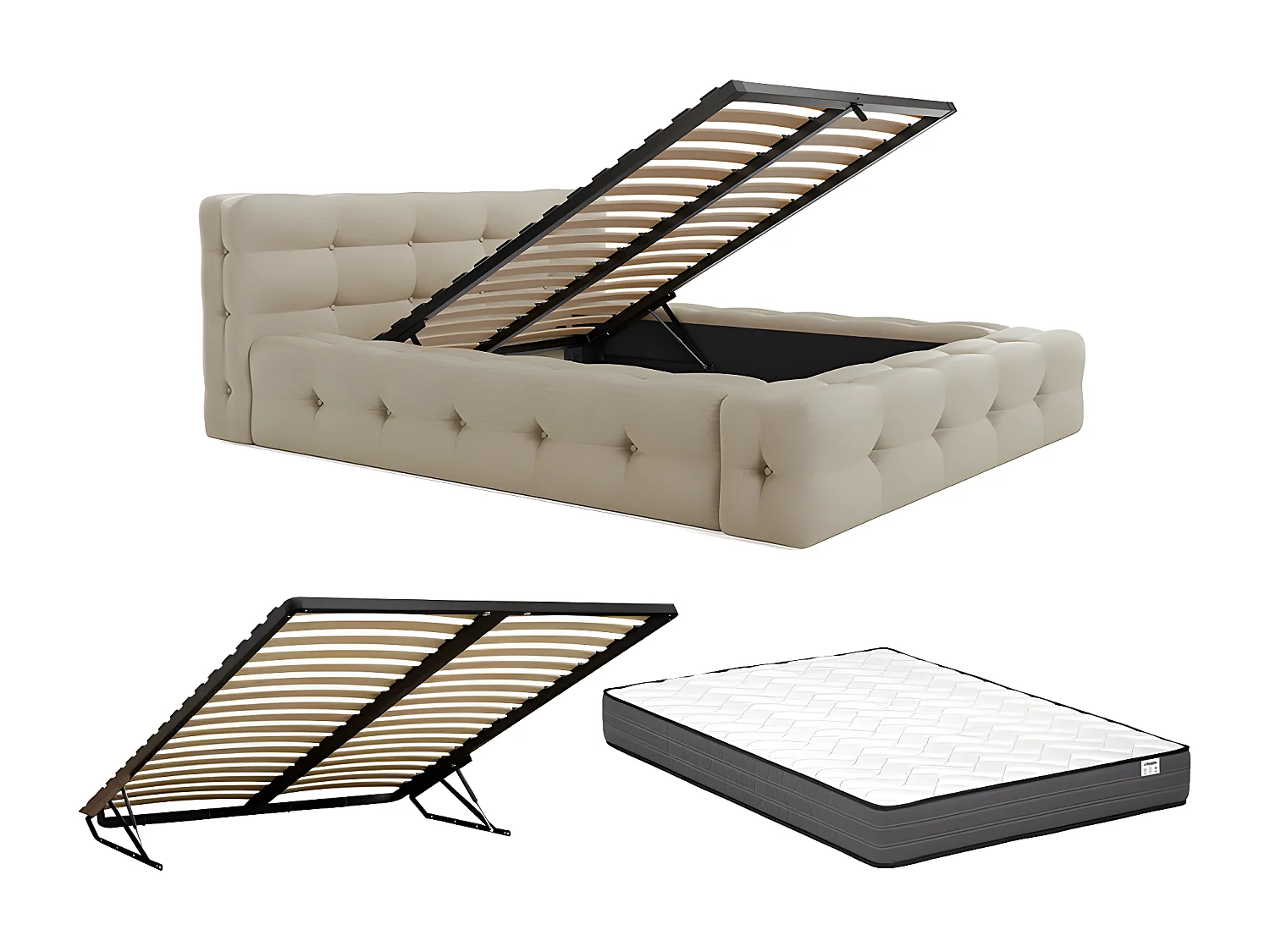Lit coffre capitonné 160 x 200 cm - Tissu chiné - Beige + Matelas - LERUCO de Pascal Morabito