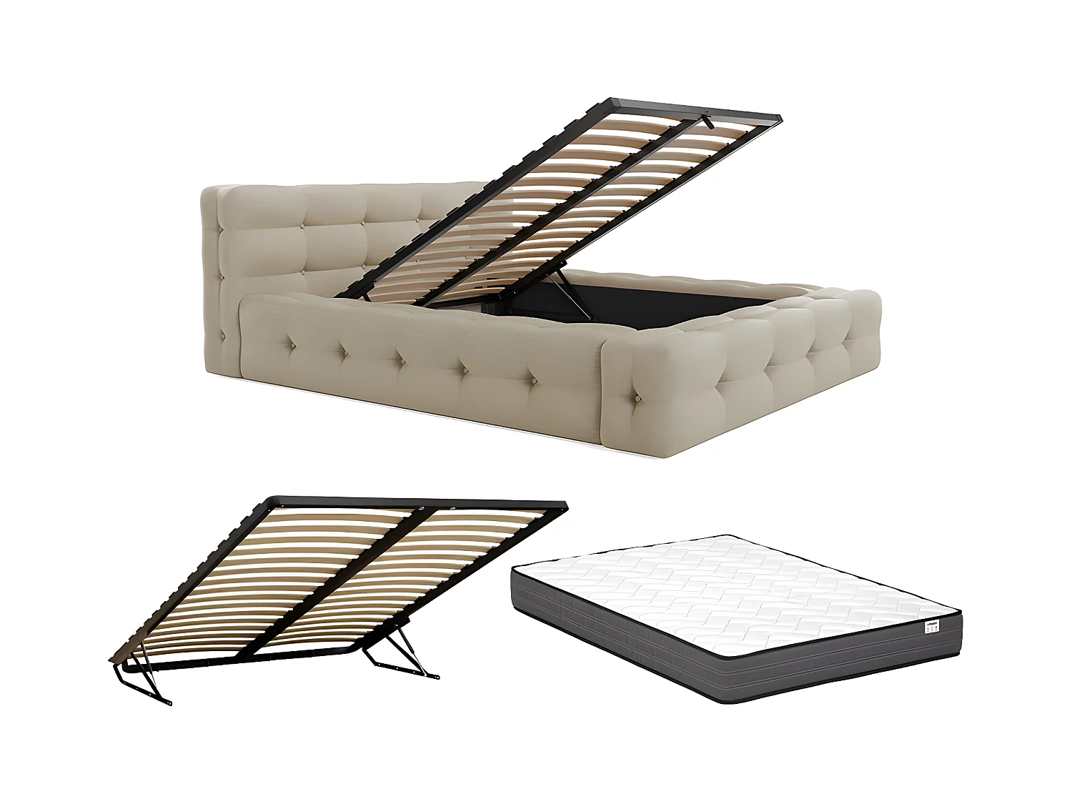 Lit coffre capitonné 160 x 200 cm - Tissu chiné - Beige + Matelas - LERUCO de Pascal Morabito