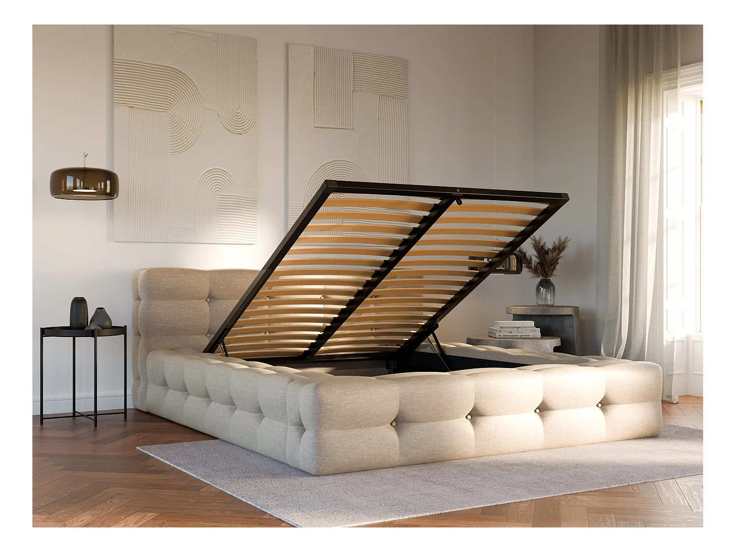 Lit coffre capitonné 160 x 200 cm - Tissu chiné - Beige + Matelas - LERUCO de Pascal Morabito