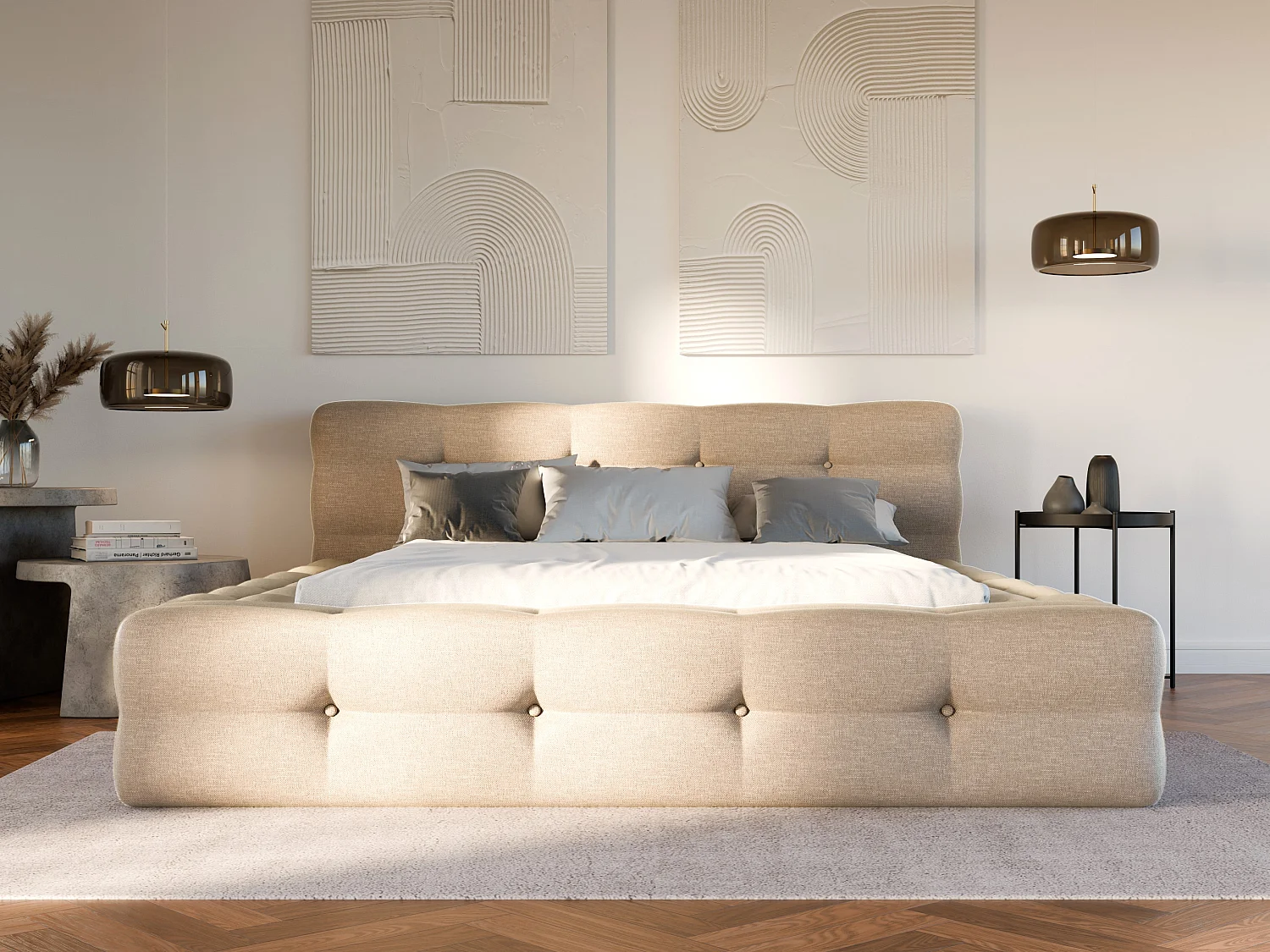 Lit coffre capitonné 160 x 200 cm - Tissu chiné - Beige + Matelas - LERUCO de Pascal Morabito