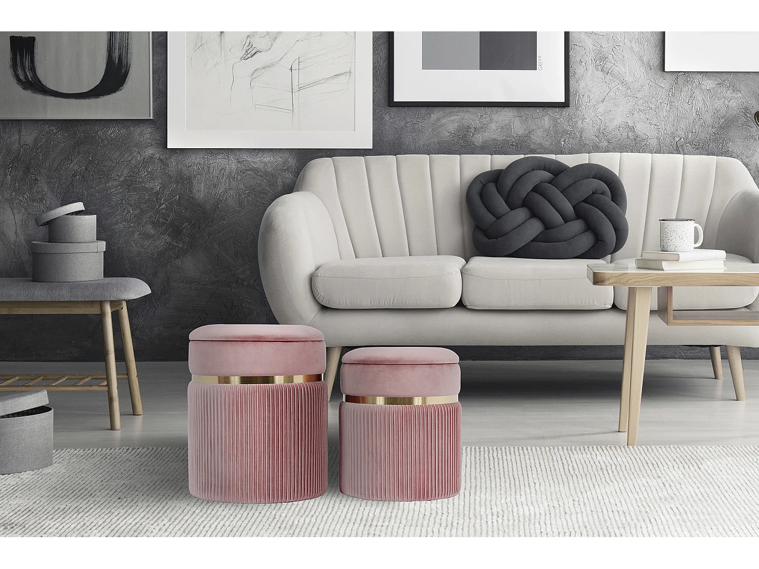 Hocker - Kruk - Voetenbank - Gisele - set 2 stuks - Roze en Goud