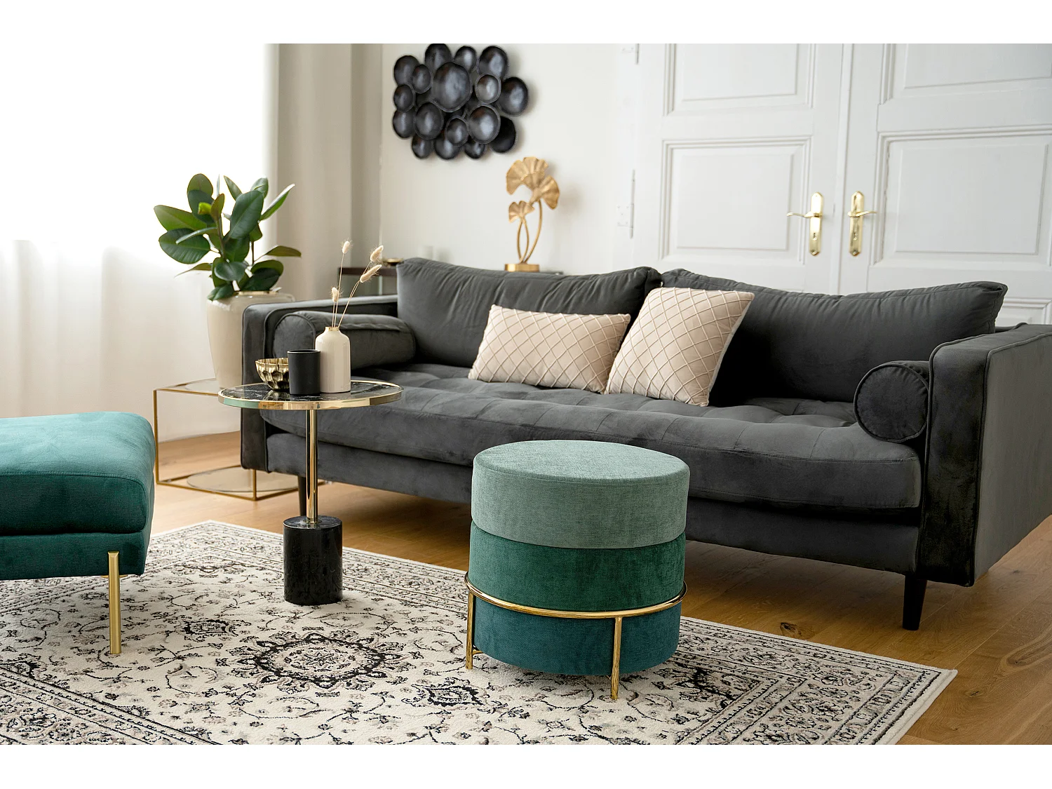 Hocker - Kruk - Voetenbank - Emily Corduroy - Mix Groen tinten en Goud