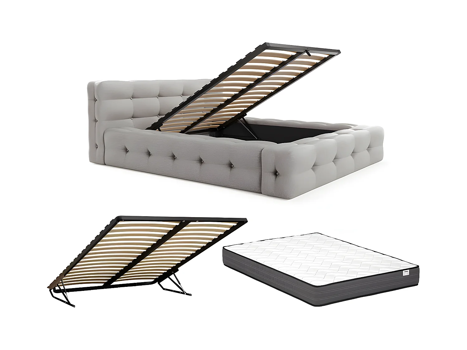 Lit coffre capitonné 160 x 200 cm - Tissu chiné - Gris clair + Matelas - LERUCO de Pascal Morabito