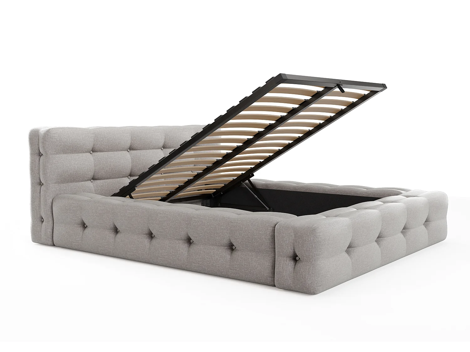 Bed met opbergruimte en capitonnage 160 x 200 cm - Gechineerde stof - Lichtgrijs + matras - LERUCO van Pascal Morabito