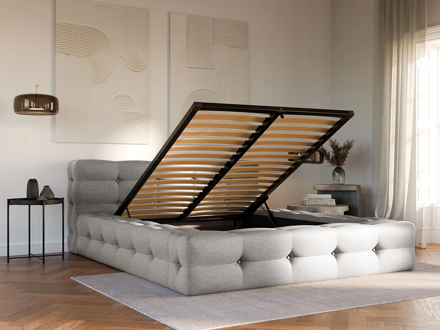 Bed met opbergruimte en capitonnage 160 x 200 cm - Gechineerde stof - Lichtgrijs + matras - LERUCO van Pascal Morabito