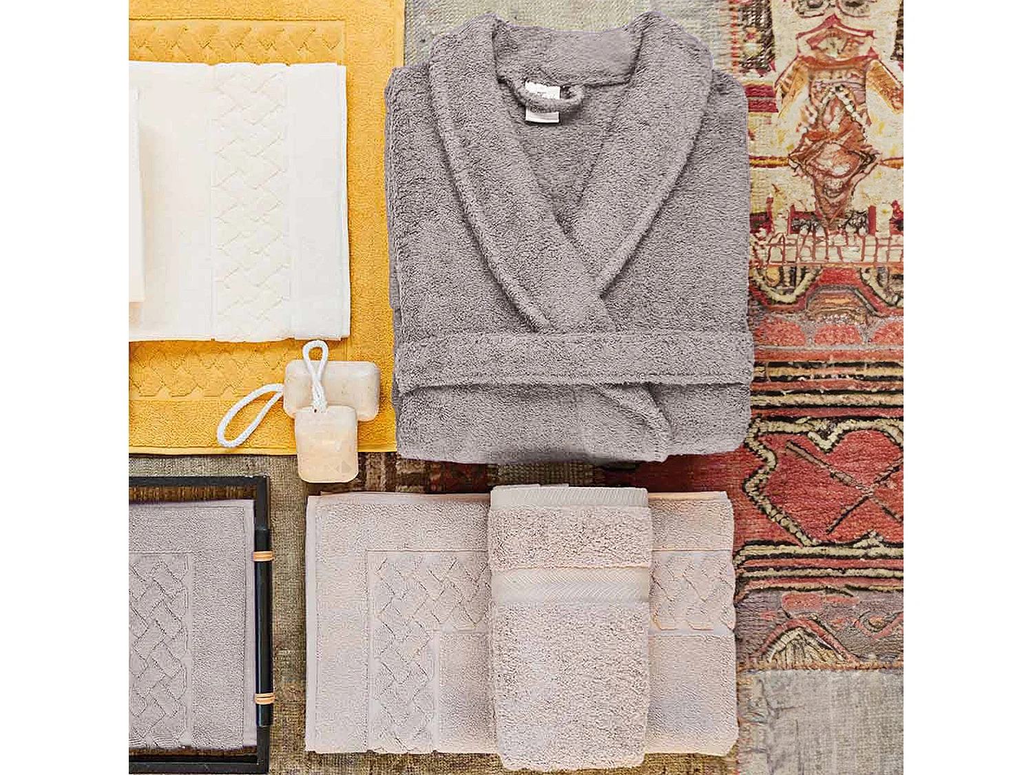 Peignoir col châle ROYAL CRESENT éponge coton taille M marron gris craie