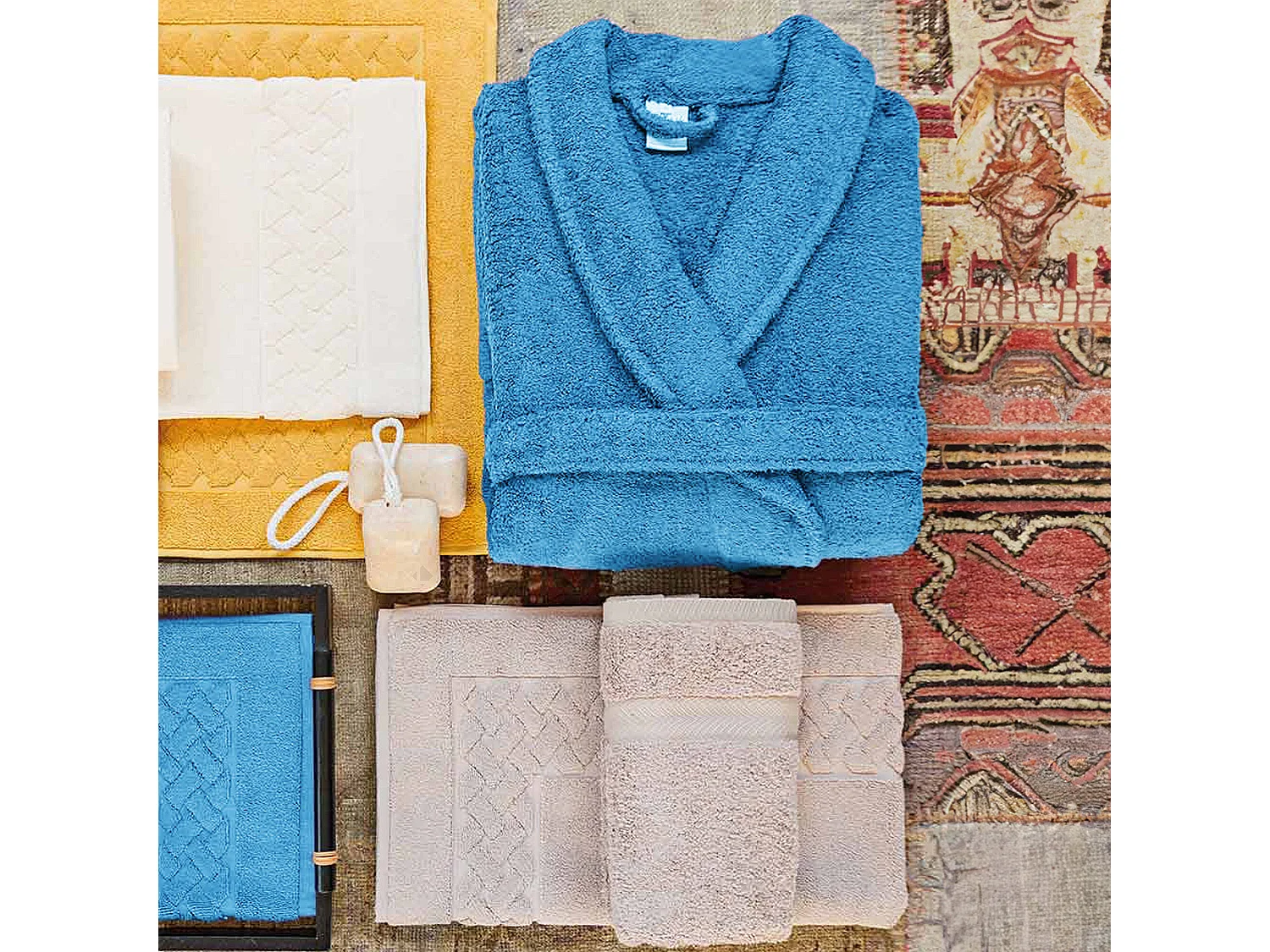 Peignoir col châle ROYAL CRESENT éponge coton taille M bleu ciel