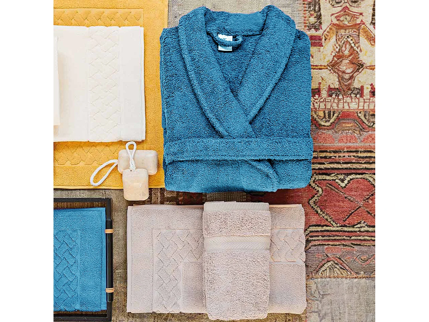 Peignoir col châle ROYAL CRESENT éponge coton taille M bleu céleste