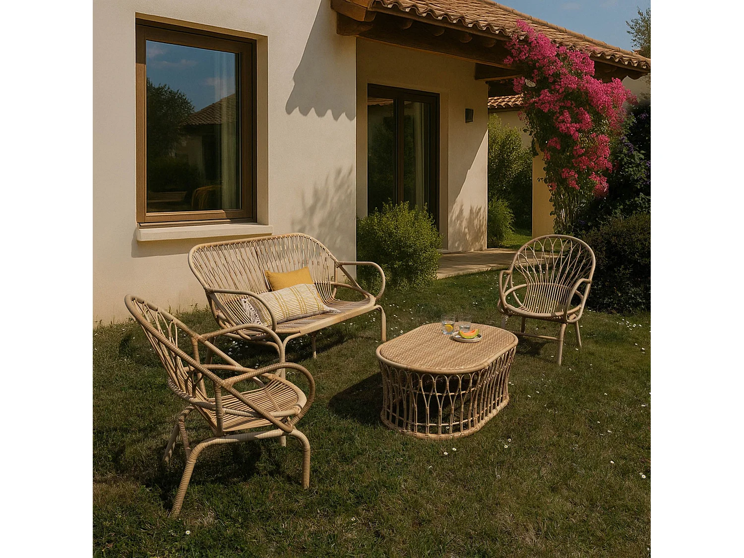 Now's Home - Salon De Jardin En Rotin Tresse Et Metal