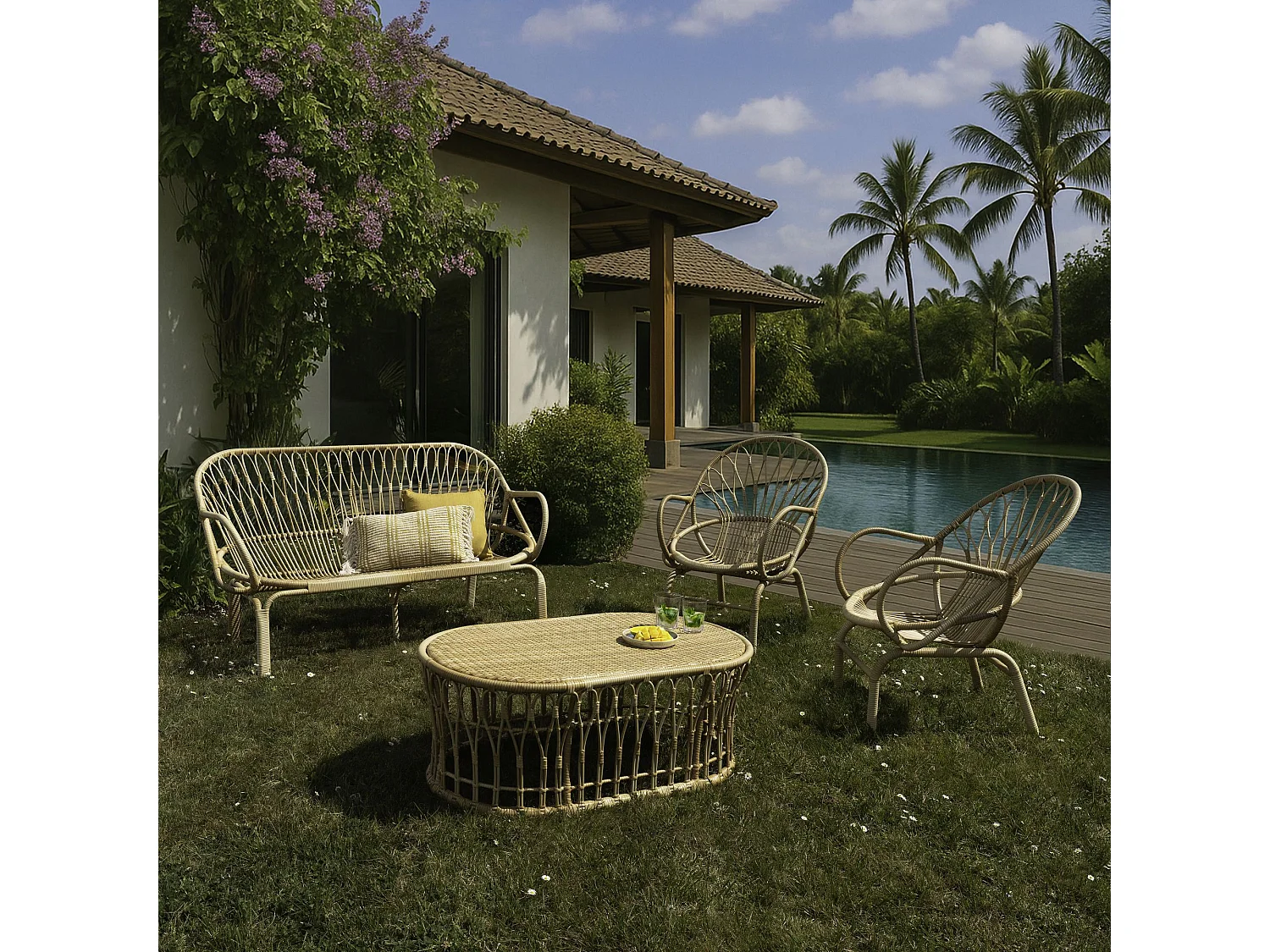 Now's Home - Salon De Jardin En Rotin Tresse Et Metal