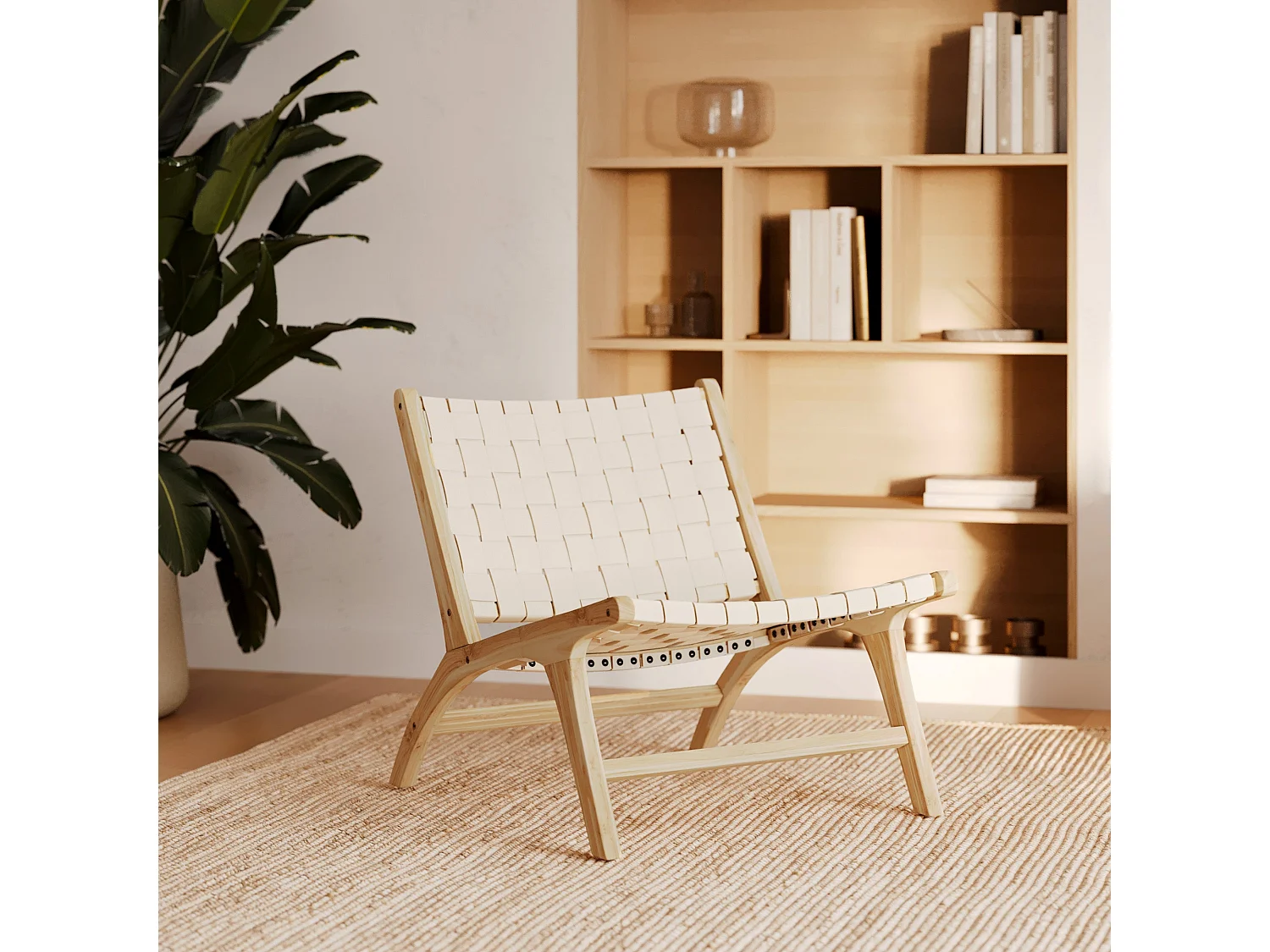 Fauteuil en teck et cuir tressé blanc - Kuna