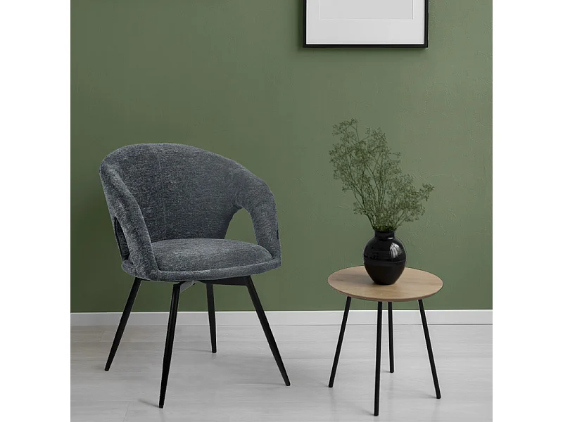 Chaise rotative 180° tissu doux gris et pieds en métal noir - ALEX