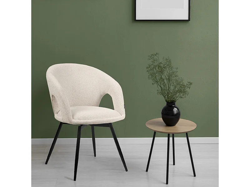 Chaise rotative 180° tissu doux beige et pieds en métal noir - ALEX