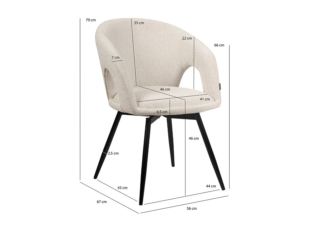 Chaise rotative 180° tissu doux beige et pieds en métal noir - ALEX