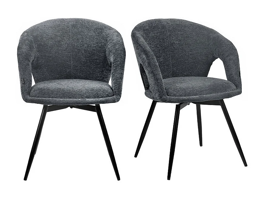 Lot 2 chaises rotatives 180° tissu doux gris et pieds noir - ALEX